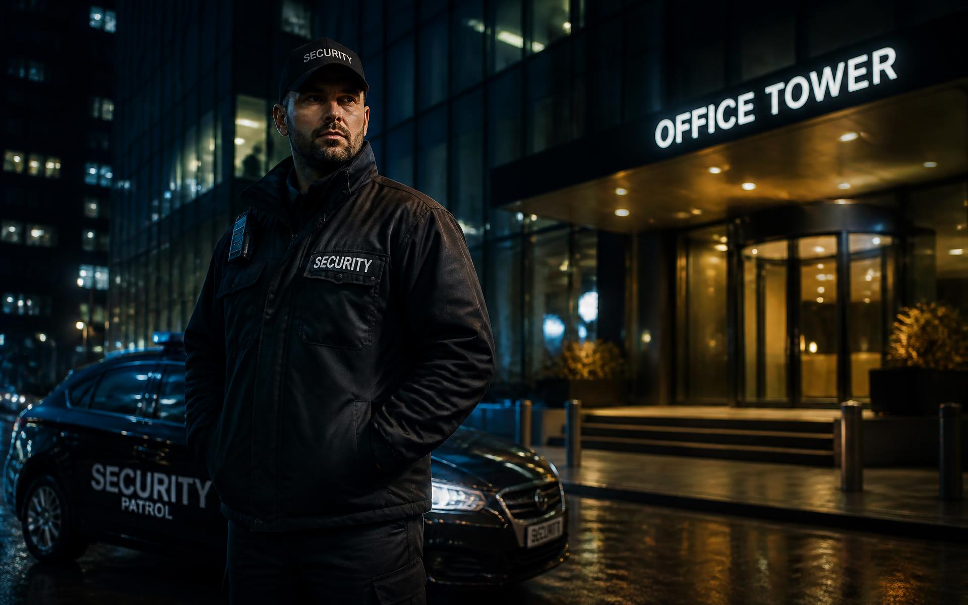 Beveiliger van Canjeroo Safety bij een bedrijfspand in de avond
